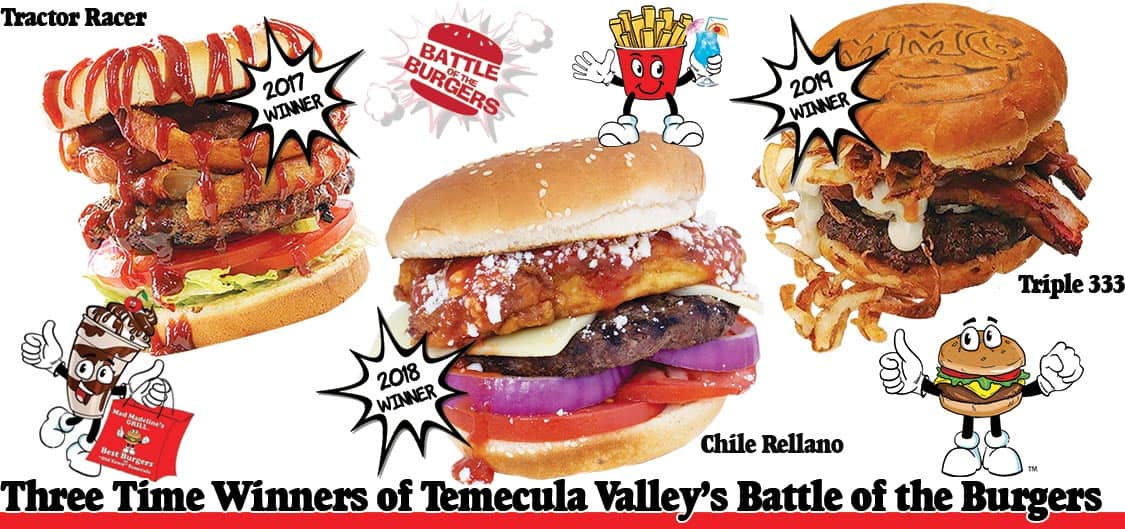 Image shows three burgers that have won Temecula Valley's Battle of the Burgers competition.